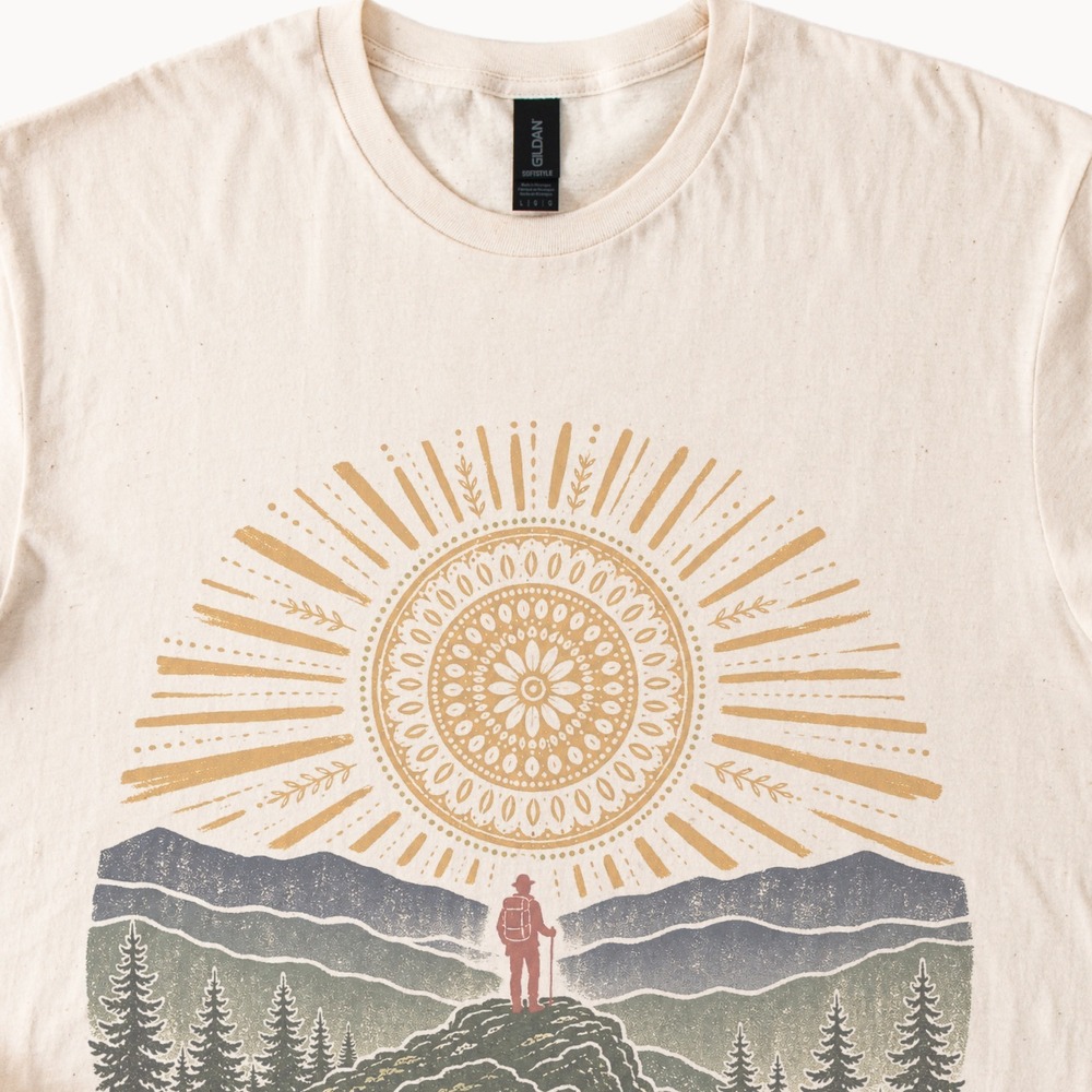 High Ground Adventure Graphic Tee Retro Mandala Sun Hiking Design
